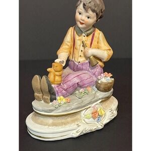 Vintage Napcoware Hand Painted Porcelain Figurine Boy Feeding Squirrel & Flowers
